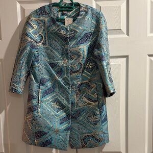 Elegant Blue Gold Patterned Women's Long Jacket